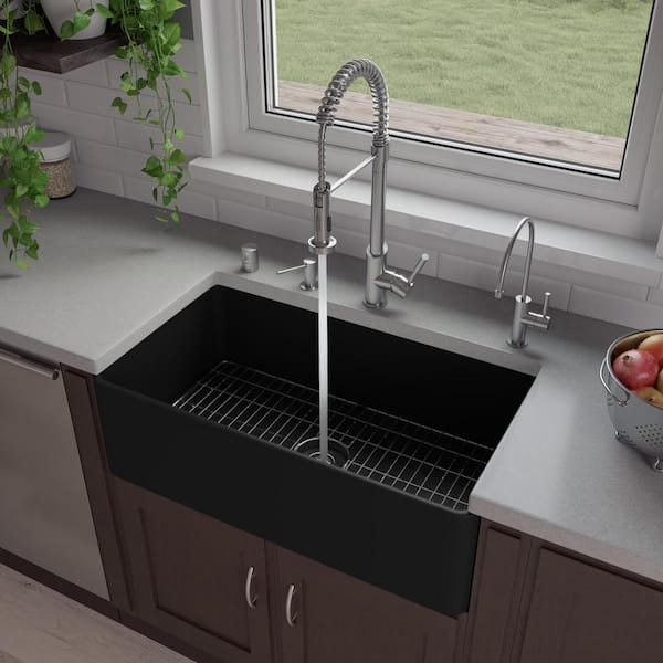 ALFI BRAND Black Matte Fireclay 33 in. Single Bowl Farmhouse Apron Workstation Kitchen Sink