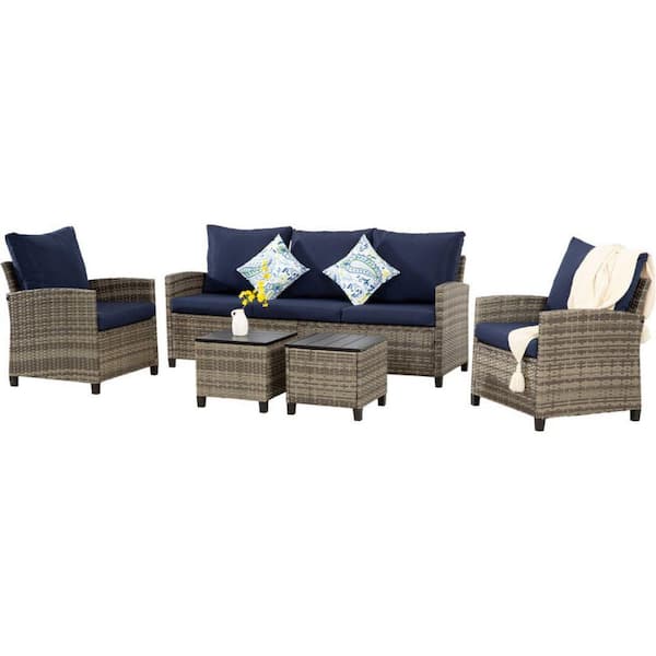 Unbranded 5-Piece Wicker Outdoor Dining Set with Washed Blue Cushion