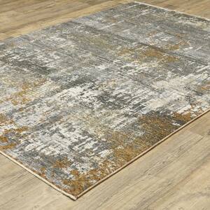 Haven Gray/Gold 2 ft. x 8 ft. Abstract Serene Polyester Fringed Indoor Runner Area Rug