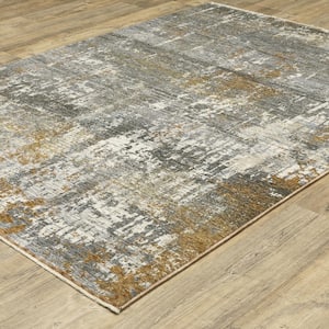 Haven Gray/Gold 5 ft. x 8 ft. Abstract Serene Polyester Fringed Indoor Area Rug
