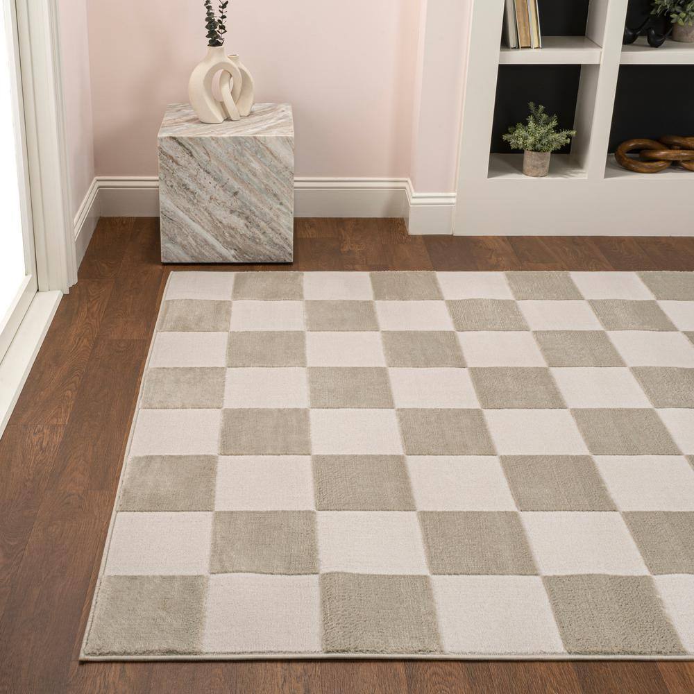 Beige and Cream Geometric Checkerboard 5 x 8 Area Rug