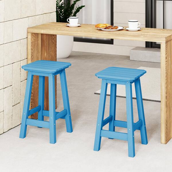 Laguna 24 in. Set of 2 HDPE Plastic All Weather Square Seat Backless Counter Height Outdoor Bar Stool in Pacific Blue