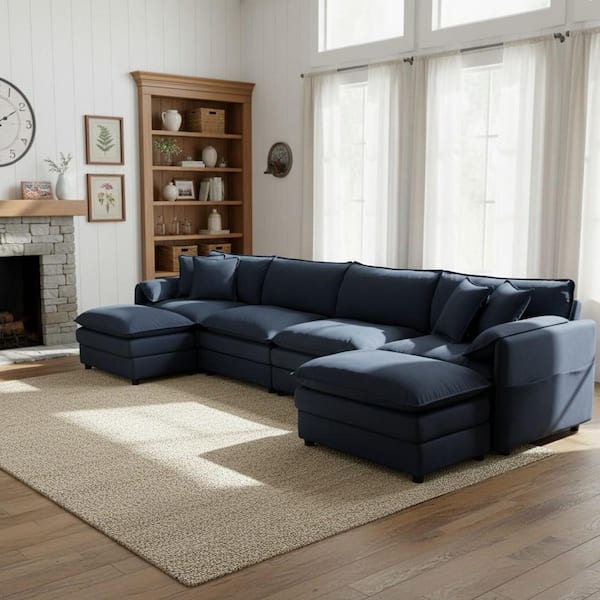 SOEX 143 in. 6-piece Chenille U-Shape Modular Sectional Sofa in Midnight Blue