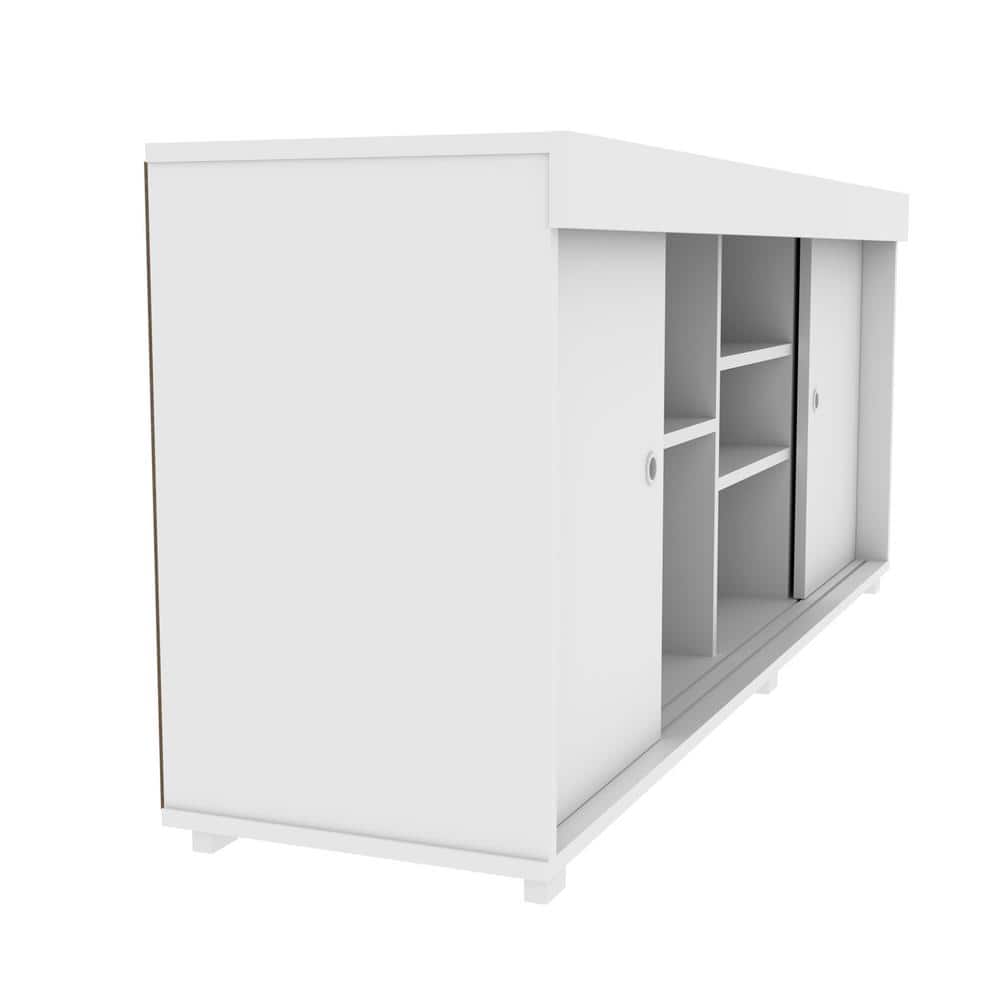 Modern White Particleboard TV Stand with Open Shelves and Cabinet