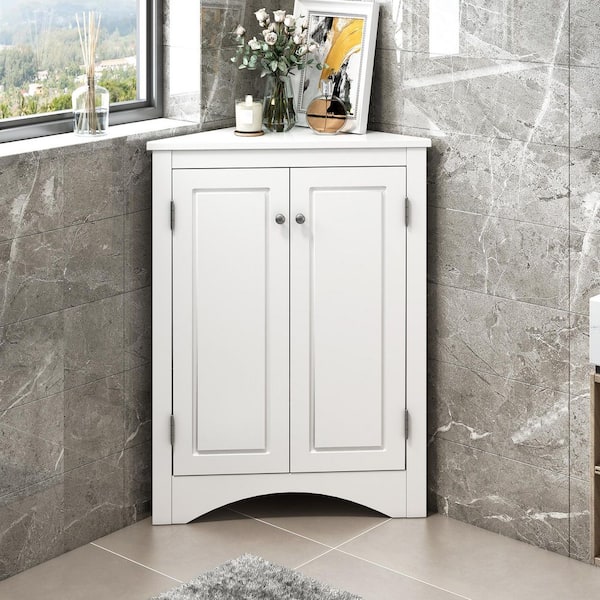 White Triangle Accent Cabinet with Adjustable Shelves Floor Storage Corner Cabinet for Bathroom Home Office Kitchen