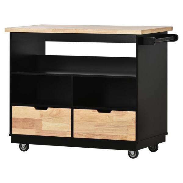 tunuo Black Rolling Kitchen Island with Rubber Wood Tabletop and Storage