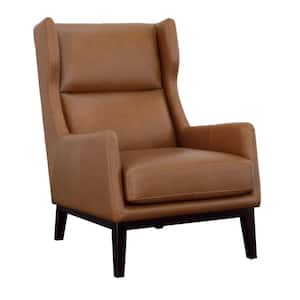 Buckman Brown and Glossy Black Leather Upholstery Arm Chair with Wood Legs