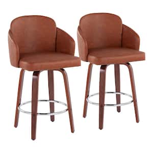 Dahlia 37 in. Camel Faux Leather and Walnut Wood Counter Height Bar Stool (Set of 2)