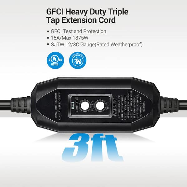 Heavy-Duty 3 ft. 12/3 Gauge Indoor/Outdoor GFCI Extension Cord with LED Lighted Triple Tap, Black