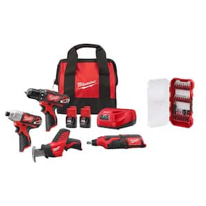 M12 12V Lithium-Ion Cordless 4-Tool Combo Kit with (2) Compact 1.5Ah Batteries and Charger & SHOCKWAVE Bit Set (25-Pc)