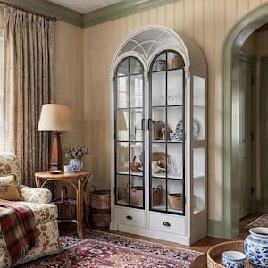 White 80.7 in. H Display Accent Storage Cabinet with 5 Shelves and Tempered Glass Iron Doors, Metal Handles & Curved Top
