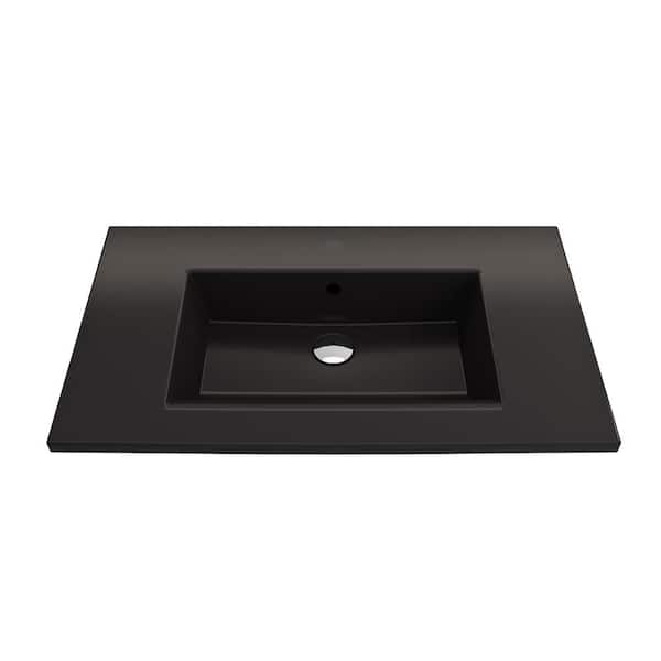 BOCCHI Ravenna Matte Black 32.25 in. 1-Hole Fireclay Rectangular Wall-Mounted Sink with Overflow