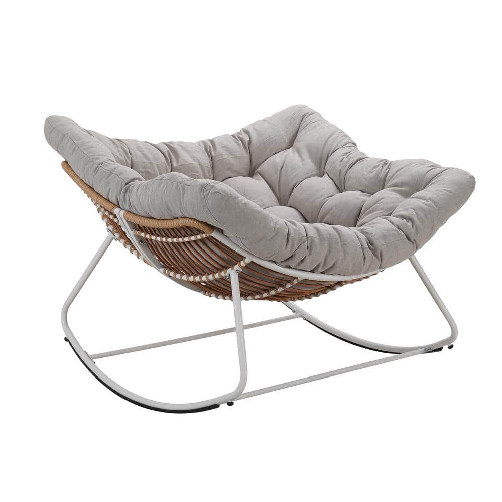 White Metal Outdoor Rocking Chair Rattan Rope Club Chairs with Light Gray C