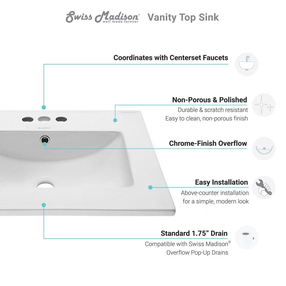 Glossy White Ceramic Vanity Top Sink with Three Faucet Holes