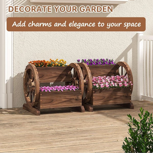 Sizzim 2-Tier Wooden Wagon Planter Box, Decorative Wood Sizzim 2-Tier Wooden Wagon Planter Box, Decorative Wood
