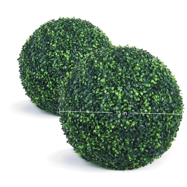 15 in. Green Artificial Boxwood Balls Realistic Faux Topiary Ball 4 Layer 2 Balls for Home Decor