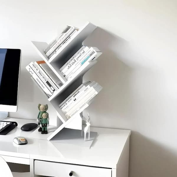 White 12.2 in. x 23.6 in. Wood Minimalist Desktop Tree Bookshelf
