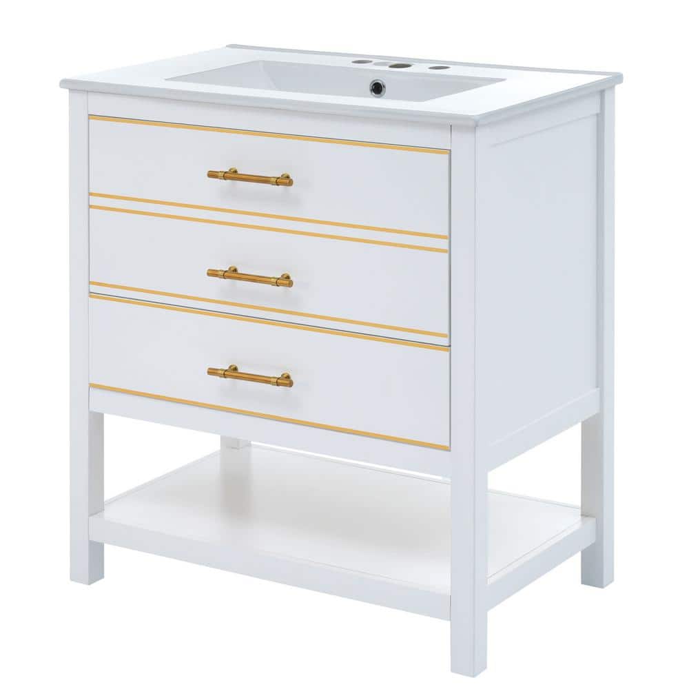 White and Gold Freestanding Single Sink Vanity with Ceramic Top