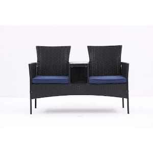 Black Wicker Outdoor Loveseat Set with Built-in Coffee Table and Blue Cushions, Conversation Set for Garden Lawn