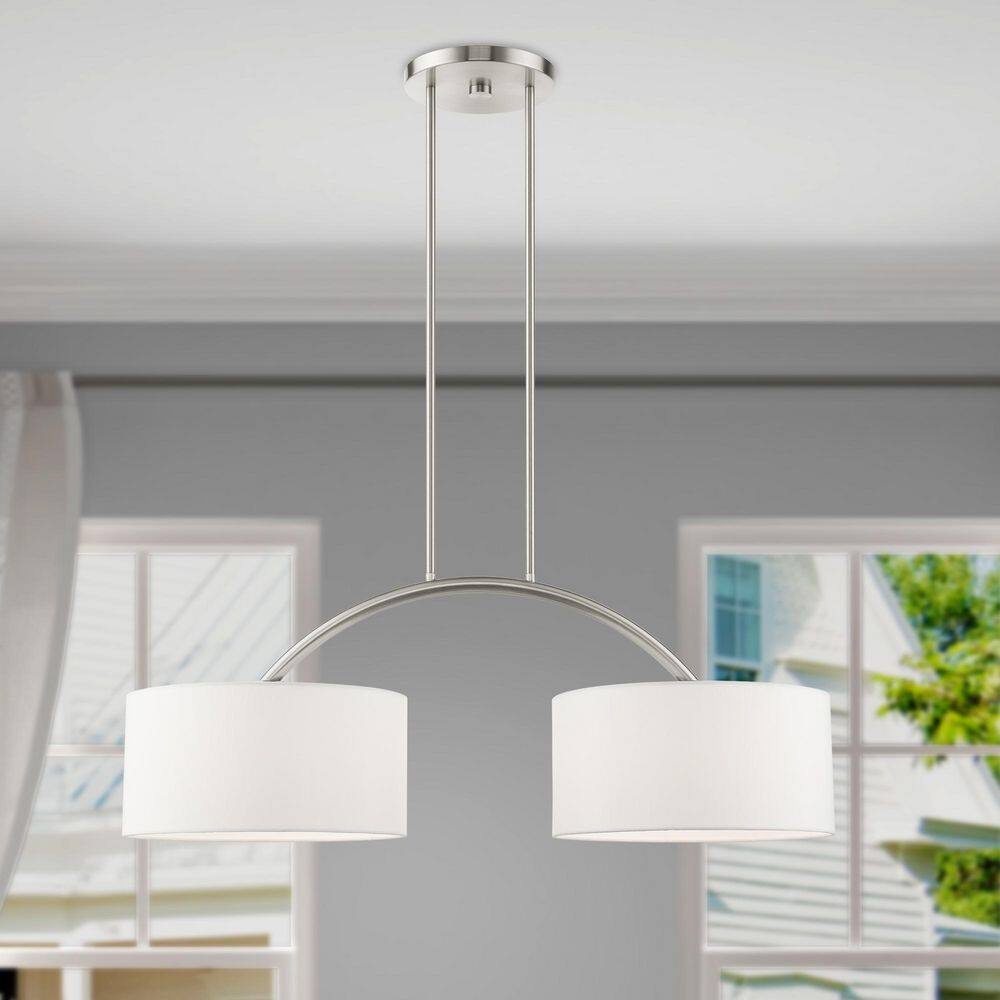 Elegant Brushed Nickel 2-Light Linear Chandelier with Off-White Drum Shades