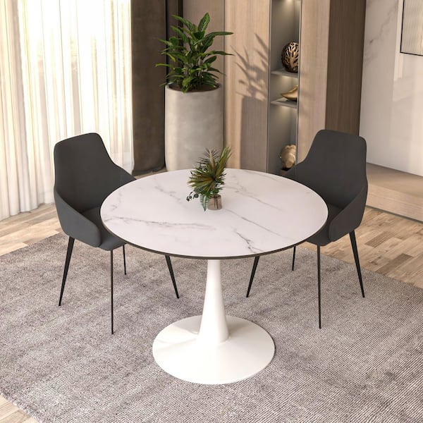 Bristol 40 in. Round Dining Table Modern MDF Tabletop in White Stainless Steel Metal Pedestal in Marbled White Seats 4