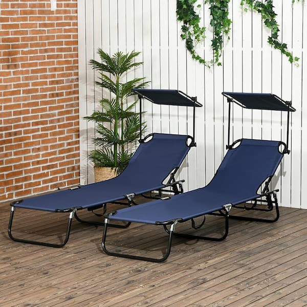 2-Piece Black Metal Outdoor Chaise Lounge with Canopy Shade, Reclining Back and Side Pocket