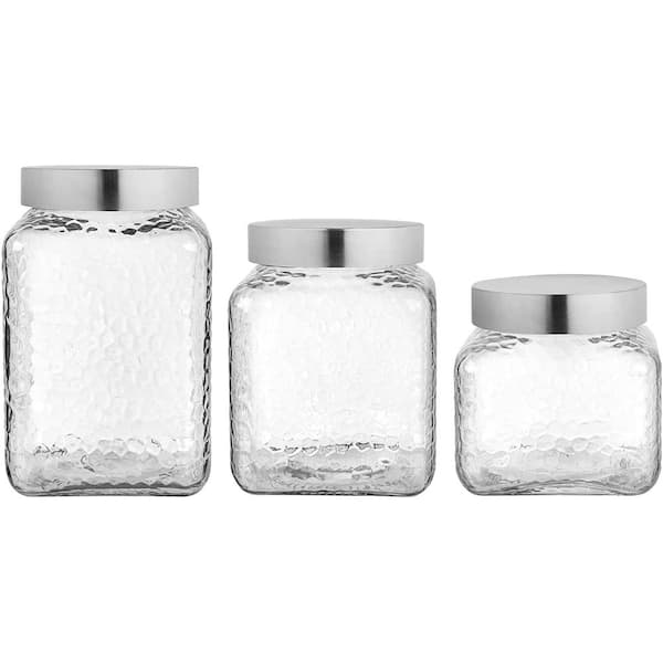 SET (3) HEAVY Crackle GLASS Silver METAL LID BATHROOM VANITY CANISTER JARS