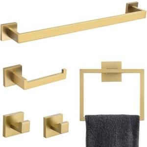 5-Piece Bath Hardware Set with Towel Bar, Two Hooks, and Toilet Paper Holder, made of Stainless Steel in Brushed Gold