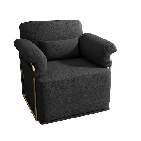 360° Square Swivel Accent Sofa Chair, Fluffy Fabric Lounge Upholstered Reading Chair with Gold Metal Legs, Black