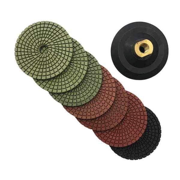 4 in. Dark Resin Wet Diamond Polishing Pad Set (50 100 200 400 800 1500 3000 Grit) for Granite Concrete w/Rubber Backer