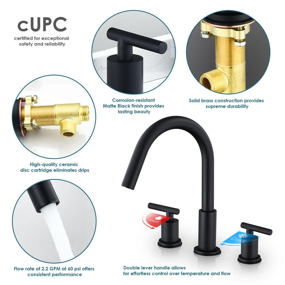 Matte Black Brass Widespread 2-Handle Bathroom Faucet