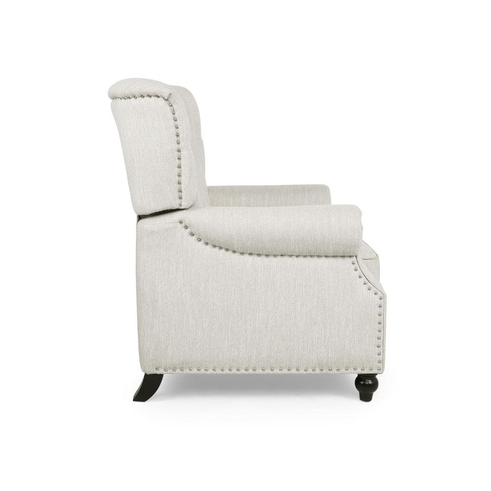 Handcrafted Beige Faux Leather Wood Recliner with Nailhead Trim
