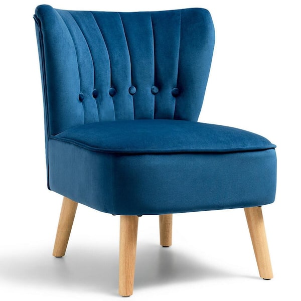 FORCLOVER Blue Armless Velvet Side Chair Tufted with Rubberwood Legs