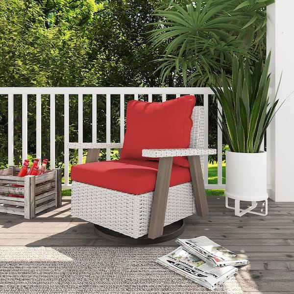 Wicker Swivel Outdoor Rocking Chair Lounge Chair with Ergonomic Armrests and Thick Fade-Resistant Red Cushions