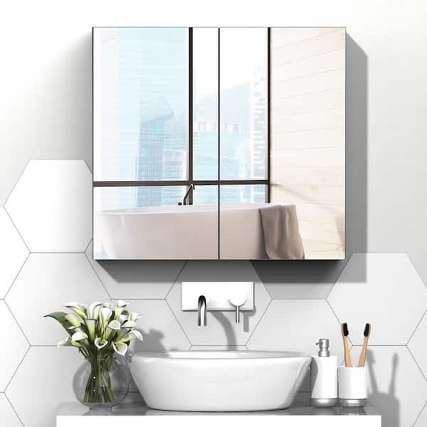 24 in. W x 22 in. H Rectangular Surface Mount Medicine Cabinet with Mirror, 3-Tier Fixed Metal Shelves, Ample Storage