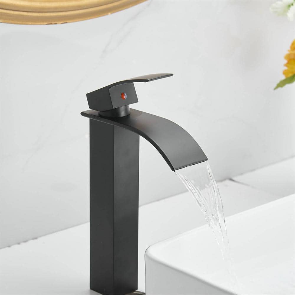 Matte Black Modern Waterfall Vessel Sink Faucet with Pop-Up Drain