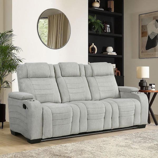 Camilla 84 in W Pillow Top Arm Microfiber Rectangle Manual Double Reclining Sofa in Light Gray