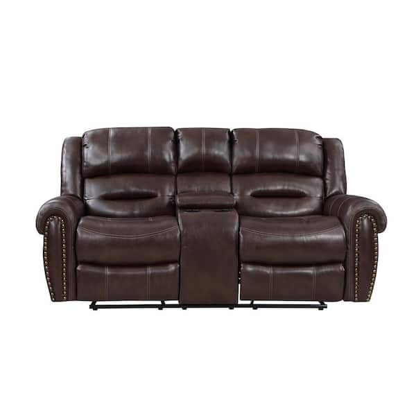EVERGLADE HOME Dasha 80 in. W Rolled Arm Faux Leather Straight Double Glider Reclining Loveseat with Console in Brown