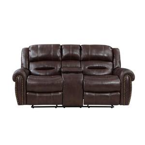 Dasha 80 in. W Rolled Arm Faux Leather Straight Double Glider Reclining Loveseat with Console in Brown