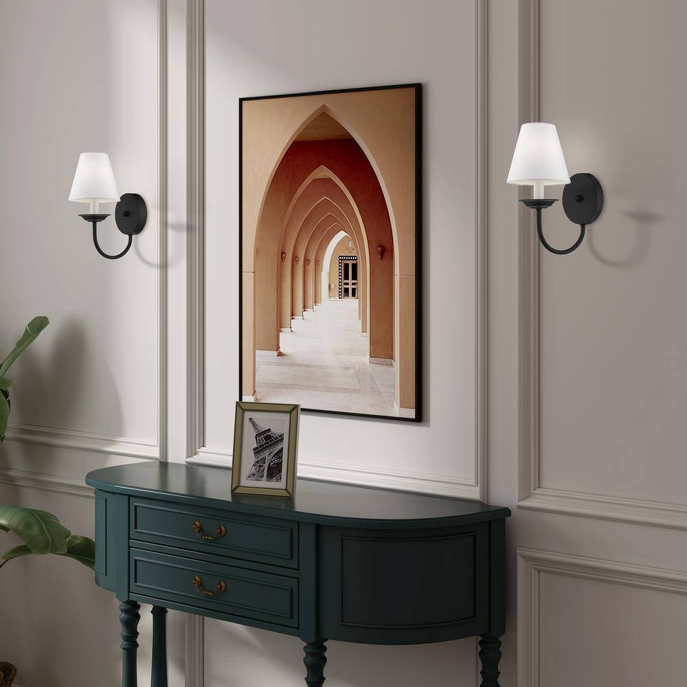 Black Steel Wall Sconce with Off-White Shade
