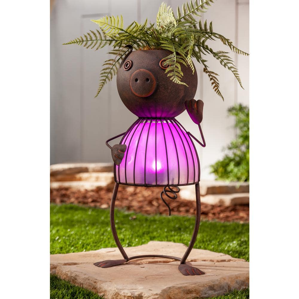 Pink Metal Solar Lighted Pig Planter with LED