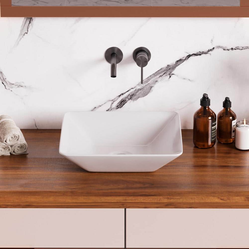 White Ceramic Square Above-Counter Vessel Sink with Reno-Gloss Finish