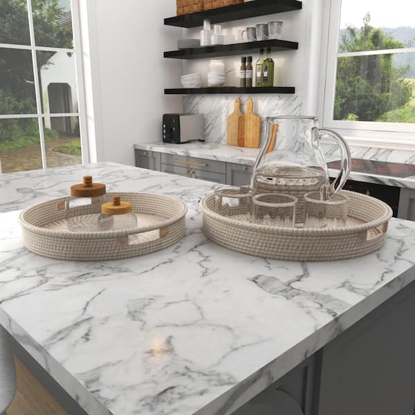 Litton Lane Cream Rattan Decorative Tray with Slot Handles (Set of 2)