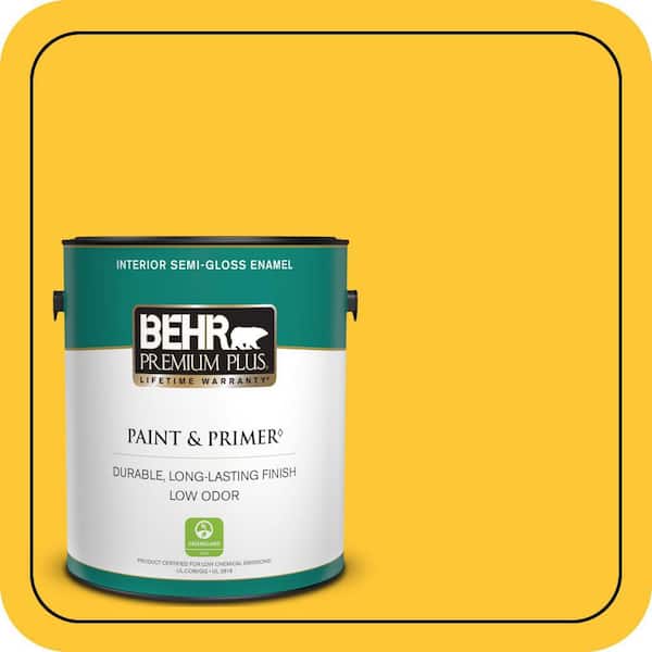 BEHR PREMIUM PLUS 1 gal. #330B-7 Sunflower Semi-Gloss Enamel Low Odor Interior Paint & Primer