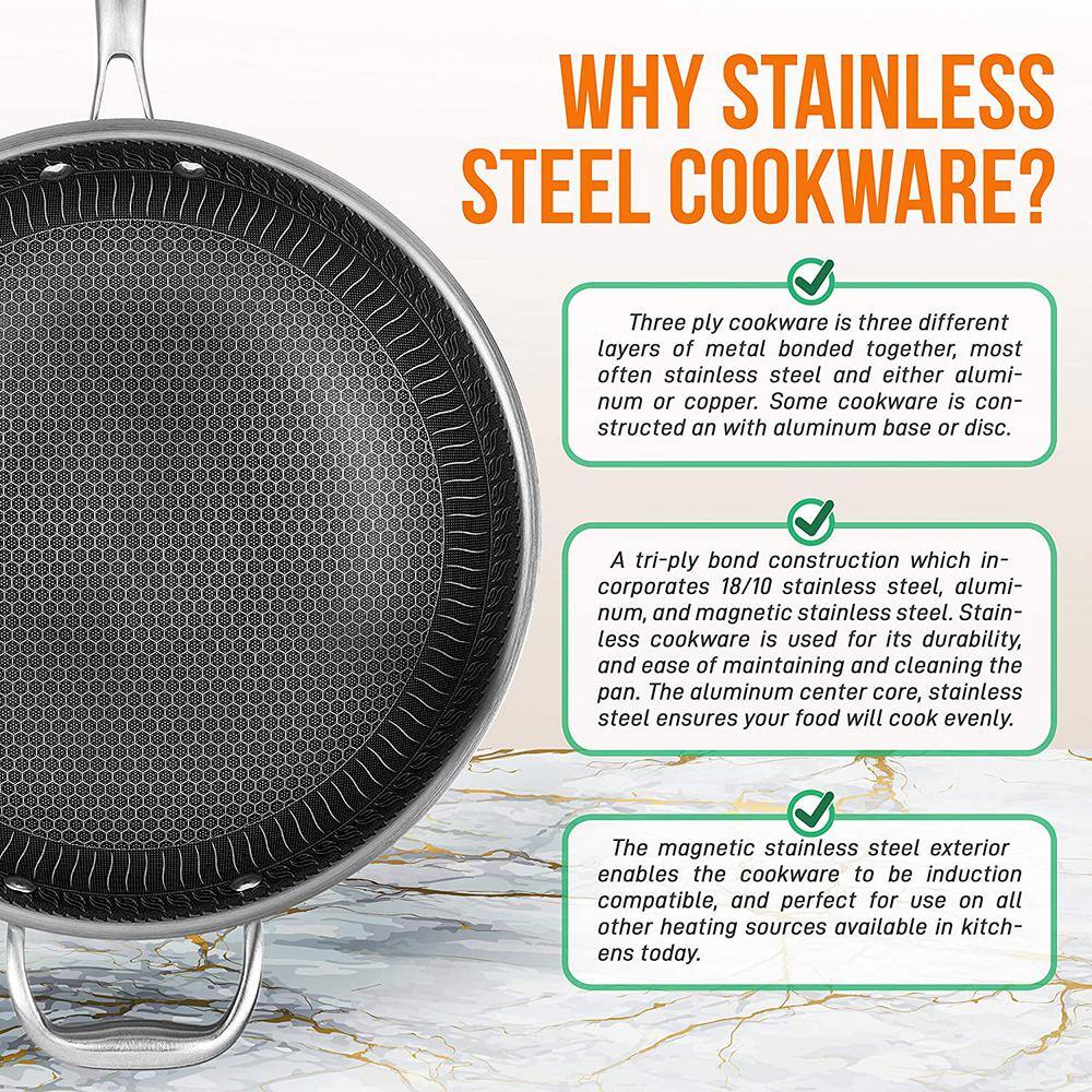 NutriChef 12-Inch Stainless Steel Nonstick Wok with Glass Lid