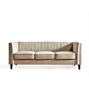 Alicia 83 in.  W Square Arm Velvet Mid-Century Modern Straight Sofa in Beige