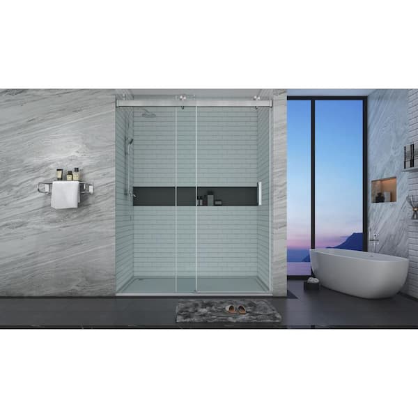 VANITYFUS 72 in. W x 76 in. H Single Sliding Frameless Shower Door in Brushed Nickel with Soft-Closing and 3/8 in. (10 mm) Glass