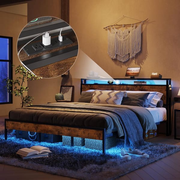 Rustic Brown Metal Frame King Size Platform Bed with Charge Station and Storage Headboard & LED Lights