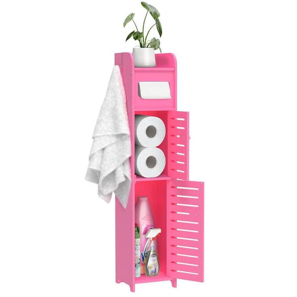 Dracelo Plastic Floor Stand 3-Roll Space-Saving Toilet Tissue Holder with Cover for Bathroom Corner in Light Pink