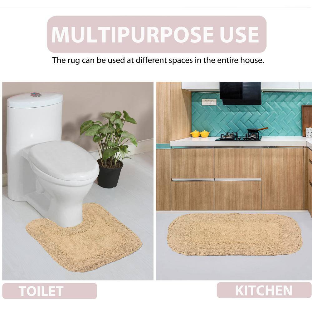 Beige Cotton Ruffle Pattern Tufted Bath Rug Set